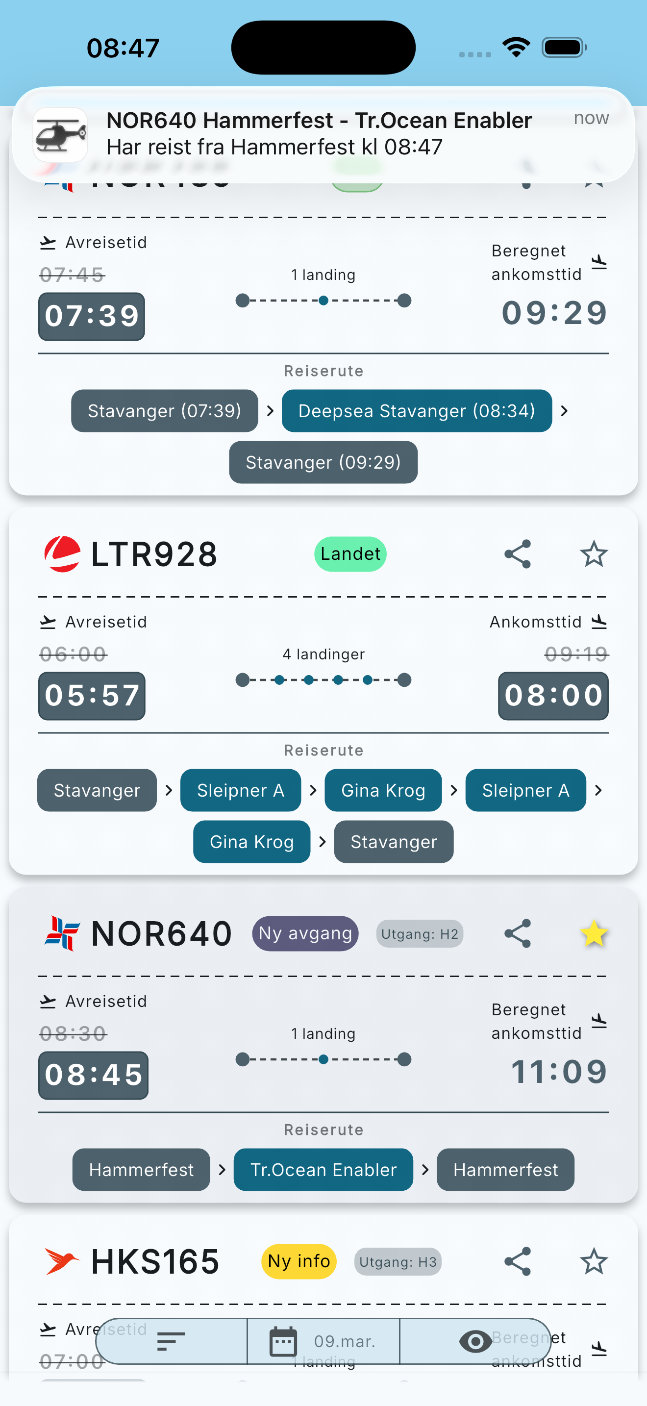 Utreise heliport-app avgangsoversikt – avgangsoversikt for norsk sokkel